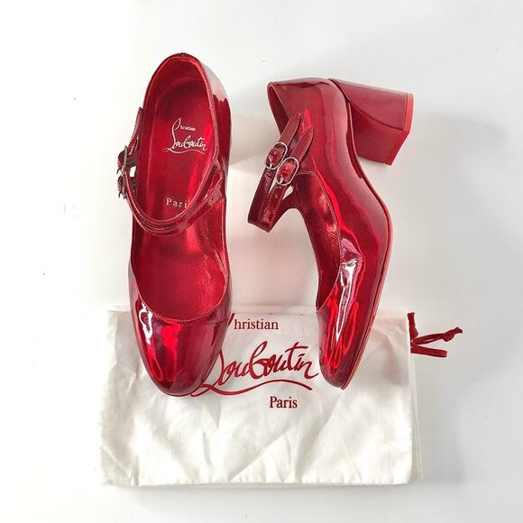 Christian Louboutin Miss Jane 55 Iridescent Patent Red Maryjane Pumps 36 - Picture 1 of 7